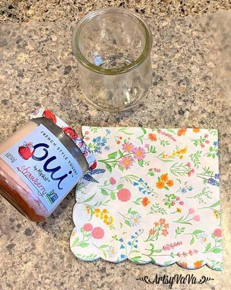 Uses For Oui Yogurt Containers, Reuse Mason Jars, Yoplait Glass Jar Crafts, Oui Yogurt Jar Crafts, Oui Yogurt Jars Ideas Easter, Napkin Decoupage On Glass Jars, Painting Glass Candle Jars, Craft Ideas For Oui Yogurt Jars, Decoupage Candle Jars