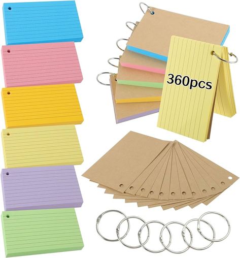 Flash Cards, 360 PCS Ruled Index Cards Revision Cards with Binder Ring Kraft Paper Notecards Lined Index Cards for Office School Home Study Record 4.9 * 2.9 Inch : Amazon.co.uk: Stationery & Office Supplies