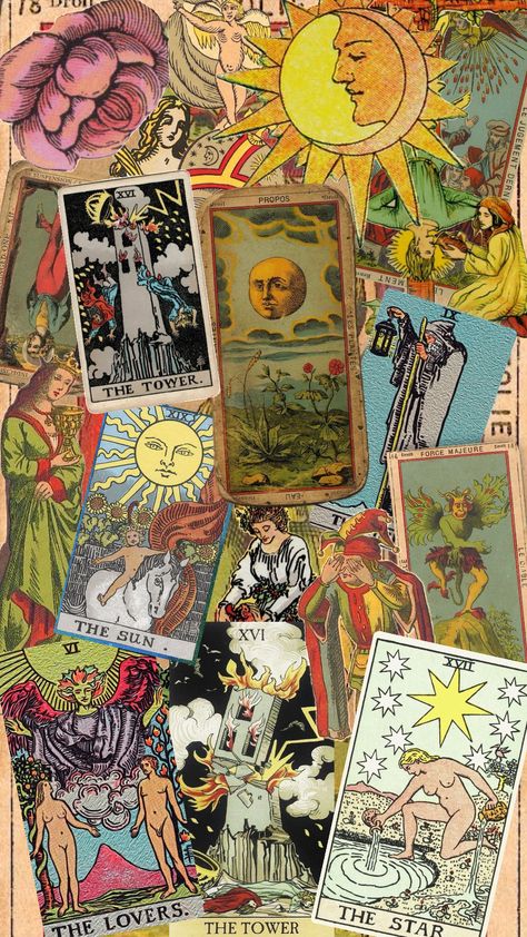 #tarot #tarotcards #vintage #retro #witch #witchy #background #collage #wallpaper #aesthetic #fyp #shuffleaesthetic #cards Tarot Card Wallpaper Aesthetic, Witchy Background, Collage Wallpaper Aesthetic, Retro Witch, Background Collage, Vintage Tarot Cards, Lunar Magic, Witch Wallpaper, Witch Rituals