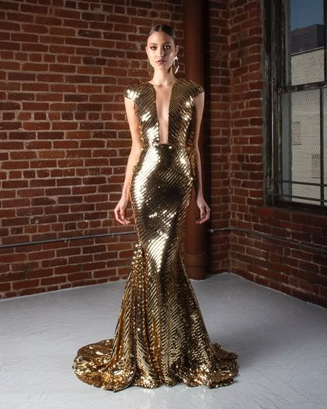 Luxury V-neck Sequined Gown, Luxury V-neck Gown With Sequins, Luxury Sequined V-neck Gown, Fitted Evening Dress For Prom And Glamorous Events, Luxury Fitted Gold Gown, Fitted Luxury Gold Gown, Gold Fitted Luxury Gown, Luxury Gold Gown With Sequins, Luxury Gold Sequin Gown