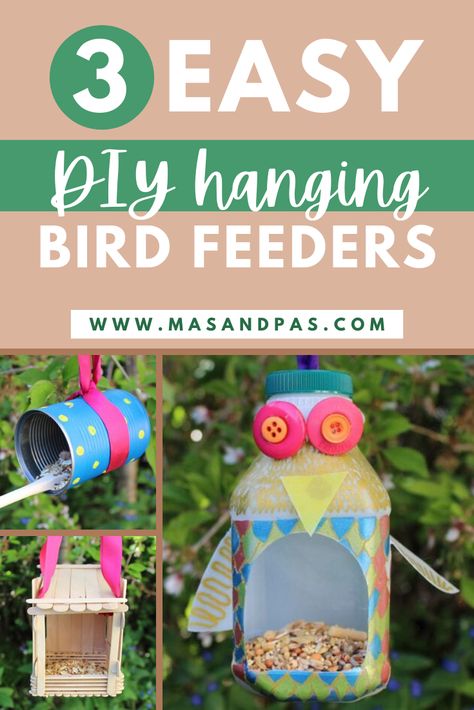 A tutorial and guide to making 3 different but easy handing bird feeders from mostly recyclable materials! The birds will love you for making and handing these in your yard, and your kids will love making these and then watching the birds come to eat! #birdfeeder #DIYbirdfeeder #craftsforkids #craftykids #naturecrafts Homemade Bird Feeder, Bird Feeders For Kids To Make, Pine Cone Bird Feeder, Make A Bird Feeder, Bird Feeder Craft, Easy Bird, Homemade Bird Feeders, Diy Pinecone, Diy Bird Feeder