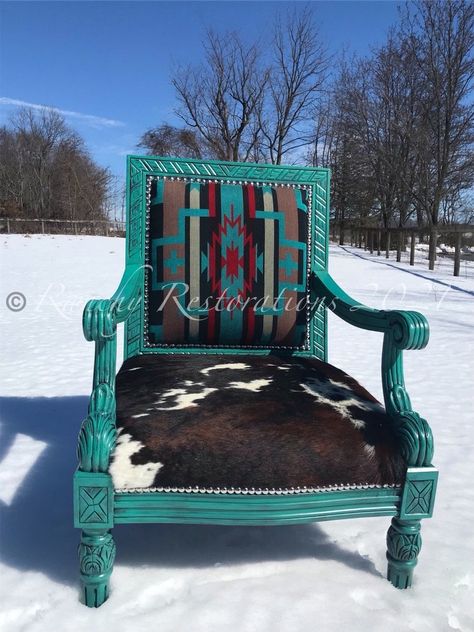 SOLD Refinished Turquoise Western Cowhide Chair | Etsy Southwestern Furniture, Western Chair, Cowhide Chair, Cowhide Furniture, Making Furniture, Turquoise Western, Western Rustic, Ranch Decor, Turquoise Painting