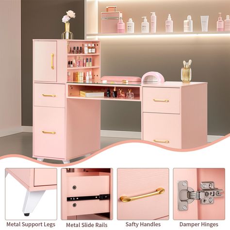 Manicure Nail Table Desk Spa Salon Beauty Station Equipment w/ Drawers + Cabinet Manicure Desk Ideas, Desk Salon, Salon Desk, Salon Storage, Manicure Station, Nail Salon Interior, Nail Desk, Table Makeup, Nail Table