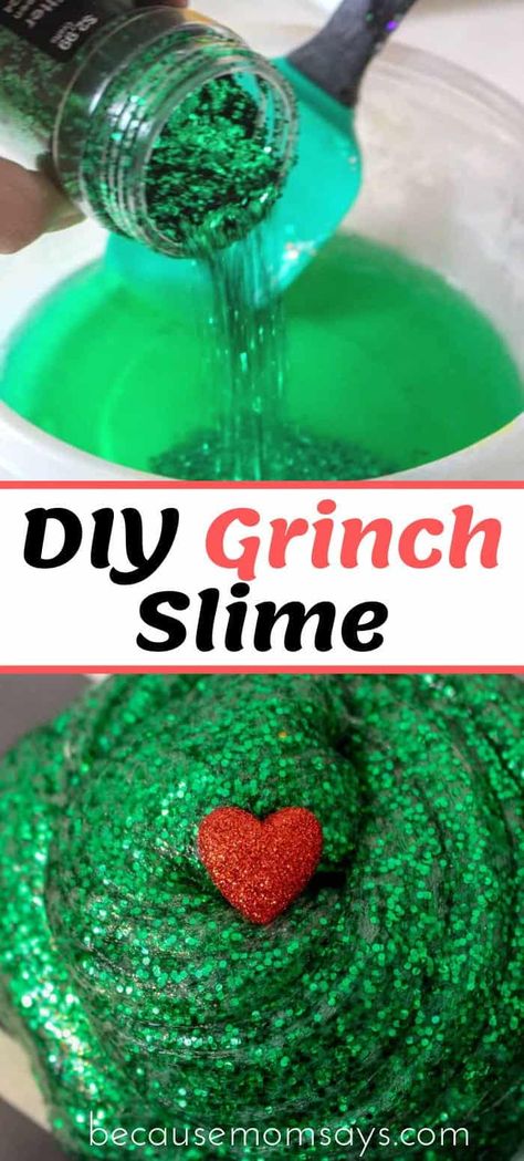 Everyone's favorite christmas movie, turned into a DIY Christmas Slime! This Christmas Grinch Slime is the perfect craft for the Christmas season! #christmas #crafts #slime #christmasslime #christmascrafts #thegrinch Grinch Christmas Crafts For Kids, Grinch Crafts Preschool, Grinch Classroom Decorations, Grinch Classroom Party, Grinch Snacks, Diy Christmas Slime, Grinch Slime, Christmas Slime, Christmas Family Feud