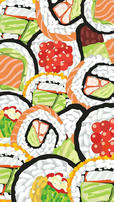 Sushi~ Sushi Wallpaper Aesthetic, Cute Sushi Wallpaper, Food Pattern Wallpaper, Aesthetic Art Pictures, Sushi Background, Sushi Wallpaper, Samurai House, Digital Food Art, Custom Home Screen