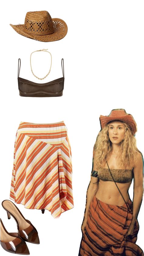 Brown top, brown cowboy hat, good necklace , brown heels Carrie Bradshaw Cowboy, Good Necklace, Brown Cowboy Hat, Brown Heels, Brown Top, Carrie Bradshaw, Cowboy Hat, The Hamptons, Cowboy Hats