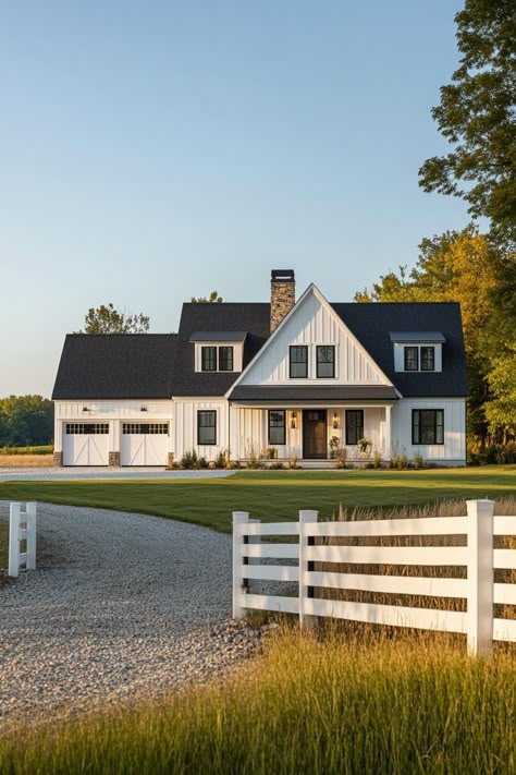 Wide angle view of a modern farmhouse exterior in white board and batten siding black multi pitched roof with dormers brown stone chimney detached. Check out all of these dream farmhouses that will have you drooling with rural living fantasies and mooing with joy! White Rustic Farmhouse Exterior, Farmhouse Exterior 1 Story, White Ranch Style House Exterior Black Trim, White Modern Farmhouse Exterior Ranch, Farmhouse Black And White Exterior, Small One Story Farmhouse, 1930s Farmhouse Exterior, White House Black Trim Wood Accents Exterior Farmhouse, Farmhouse Dormers Exterior