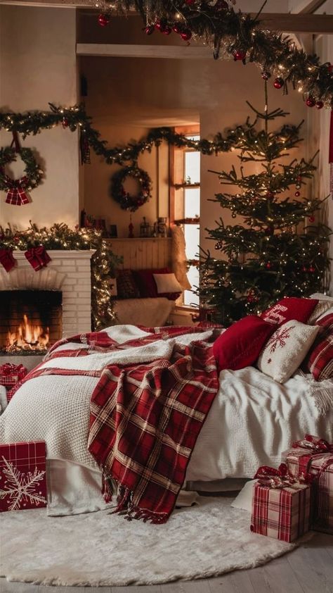 Christmas Farmhouse Bedroom, Christmas Decoration Ideas For Bedroom, Christmas Bedding Idea, Bedroom Inspo Christmas, Christmas Decorations Bedroom Aesthetic, Christmas Bedding Decor Ideas, Christmas Bedroom Lights, Bedroom Ideas For Christmas, Classic Christmas Bedroom