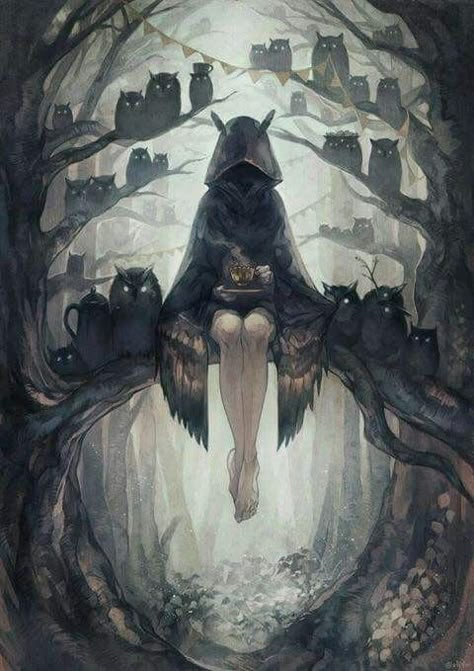 Owls, Forest, Black, Art