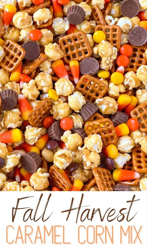 Close up of Fall Harvest Caramel Corn Mix Fall Snack Party Ideas, Fall Harvest Caramel Corn, Fall Snack Mix Ideas Sweet And Salty, Candy Corn Peanut Recipe, Harvest Chex Mix Candy Corn, Scarecrow Crunch Snack, Autumn Mix Candy Corn, Scarecrow Mix Snack, Snack Mix With Candy Corn