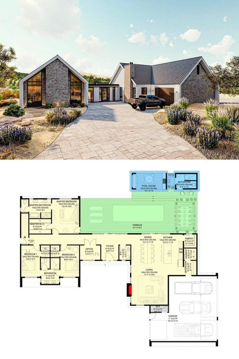 Two-Story Modern Style 5-Bedroom House Plan for a Wide Lot with Courtyard Entry Garage and Poolhouse 1000m2 House Plan, Ultra Modern House Plans, Cheap Modern House, Scandinavian House Plan, U Shaped House Plans, U Shaped Houses, Shaped House, 5 Bedroom House Plans, Modern House Floor Plans