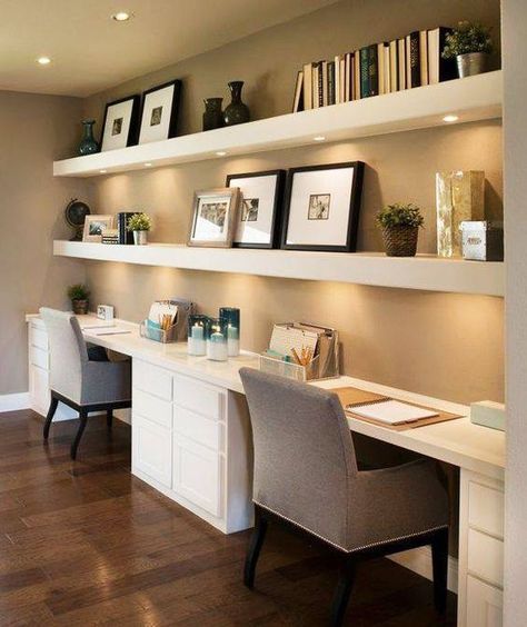 Nice for a home office for 2 people. Desks and floating shelves #homeoffice Dark Wooden Floor, Homework Station, Office Shelf, Decor Studio, Bedroom Desk, Desk Ideas, Built In Desk, Diy Desk, Home Office Space