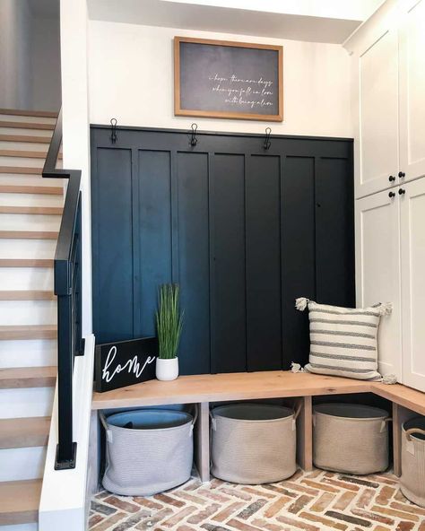 27 Mudroom Bench with Storage Solutions to Organize Your Home Board And Batten Feature Wall, Batten Feature Wall, Brick Floor Mudroom, Black Board And Batten, Herringbone Brick Floor, Modern Mudroom, Grey Laundry Rooms, Herringbone Brick, Brick Floor