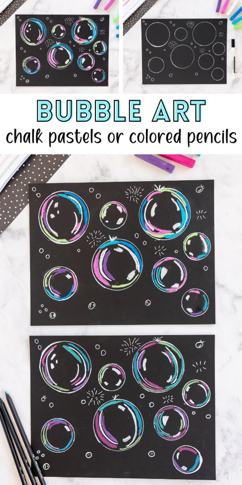 Making Bubble Art for kids is an easy project that uses either chalk pastels or colored pencils! Perfect for anyone looking to sprinkle a little artistic flair into their day. So grab your supplies, and let's get started! Chalk Bubbles Art, Chalk Art Bubbles, Bubble Chalk Art, Chalk On Paper Art, Bubble Art Project, How To Color Bubbles, Chalk Pastels Art Ideas, Texture Art Projects For Kids, Bubble Painting For Kids