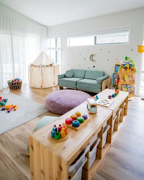 learning through play, playroom inspo, play ideas (@gemma.leigh.r) on Instagram Upstairs Landing Playroom, Lounge Room Play Area, Nugget Couch Family Room, Bright Color Playroom, Learning Playroom Ideas, Den Playroom Ideas, Playroom Sitting Room Combo, Large Playroom Ideas, Kids Space In Living Room