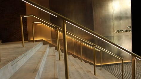 Jamestown Road | Bespoke lit handrail | The Light Lab Step Railing Outdoor, Handrail Detail, Square Lighting, Rail Lighting, Exterior Handrail, Handrail Lighting, Lighting Pictures, Glass Handrail, Stairs Lighting