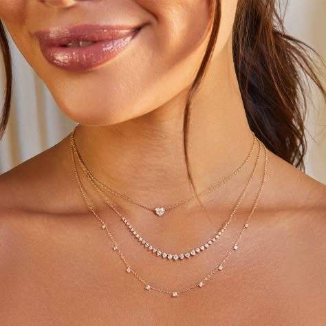 The Full Cut Diamond Heart Choker Necklace is the little sister to the Diamond Heart Solitaire Necklace, but shines just as bright. Featuring 0.26 carats of full cut diamond, this necklace is simply heartwarming. Stacking Diamond Necklaces, Simple Gold And Diamond Necklace, Gold And Diamond Choker, Necklace With Sweetheart Neckline, Gold Chain With Diamonds, Graduated Diamond Necklace, Diamond Necklace Dainty, Repurposed Diamond Jewelry, Simple Diamond Necklace Designs