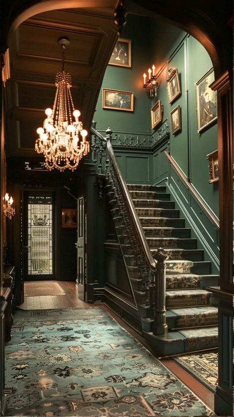 Entryway Ideas Victorian, Home Vestibule, Victorian Entryway Ideas, Victorian House Staircase, Academia Entryway, Victorian Stairwell, Victorian Entryway Foyers, Cottagecore Stairs, Moody Staircase