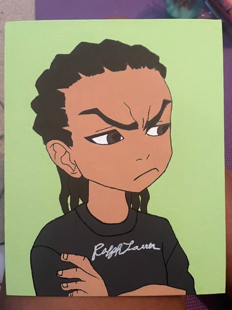 Painting of Riley from the show Boondocks Cartoon Art Canvas Painting, Cartoon Easy Paintings, Aesthetic Paintings Simple, Easy Boondocks Drawings, Black Cartoon Paintings, Boondocks Drawings Easy, Canvas Painting Ideas Green, Boondocks Sketch, Green Painting Ideas On Canvas