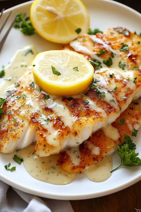 Lemon Pepper Crusted Tilapia, Tilapia With Lemon Cream Sauce, Fish With Shrimp Cream Sauce, Quick Fish Dinner Ideas, Whole 30 Tilapia, Fish Ideas For Dinner Meals, Lemon Garlic Tilapia Recipes, Delicious Tilapia Recipes, Breaded White Fish Recipes