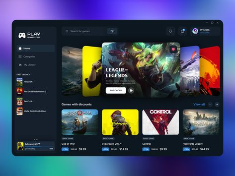 Game Store App by Ilya Kolesnikov🤘🏻💎 Gaming Web Design, Gaming Ui Design, Game Store Design, Game Website Design, Elementor Templates, Game Website, Gaming Website, Web Design Websites, Game Movie