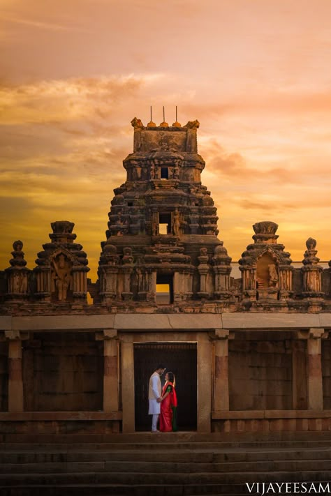 Between Heaven & Earth Couple Temple Photoshoot, South Indian Couple Photoshoot, Temple Couple Photoshoot, Temple Wedding Indian, Preshoot Ideas, Temple Poses, Temple Photoshoot, Temple Shoot, Evening Pics