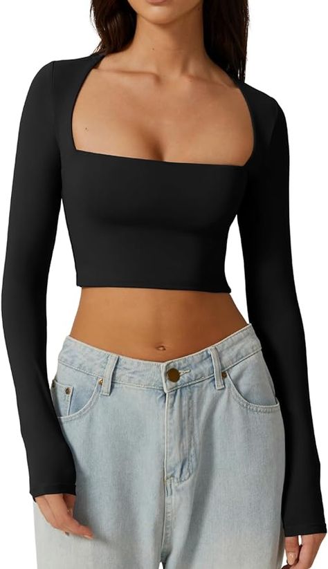 Cute Long Sleeve Shirts, Amazon Closet, Square Neck Tops, Crop Top Long Sleeve, Crop Top Long, Digital Closet, Neck Crop Top, Amazon Women, Amazon Finds