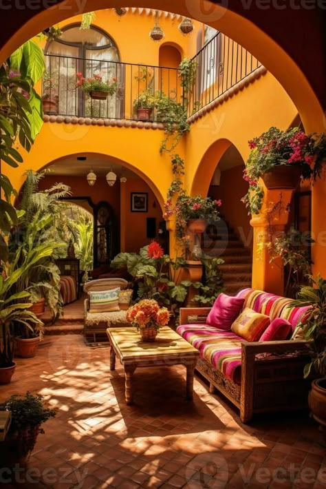 Generative AI illustration of the beauty and richness of a traditional Mexican living room and patio, with bright colors on the walls, cacti, tropical leaves, lanterns, majestic arches, and stairs Mexican Living Room Ideas, Colorful Mexican House, Mexican Architecture Traditional, Traditional Mexican House, Mexican Patio Ideas, Mexican Patio Hacienda Style, Mexican Living Room, Mexican House, Mediterranean Revival