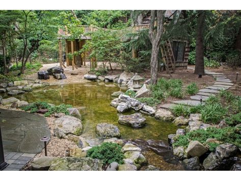 Natural Playscapes: Pond and Playground Oasis That Will Grow with the Kids-0 Pond With Island, Natural Play Area, Outdoor Playscapes, Nature Playground, Natural Playscapes, Natural Playgrounds, Natural Swimming Ponds, Backyard Pond, Natural Play