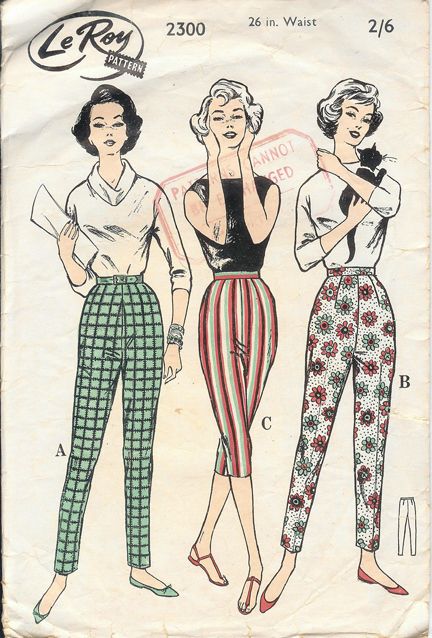 vintage 1950s "Le Roy" paper pattern of women's Capri pants 1950s Fashion Illustration, 1950s Pants, 1950 Style, Vintage Outfits 50s, Vintage Outfits 90s, 1950’s Fashion, 50's Fashion, 1950 Fashion, Vintage Fashion 1950s