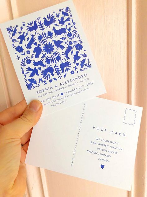 Love these Miami Save The Date, Wedding Invite Postcard, Wedding Pattern Design, Graphic Save The Date, Blue And White Save The Date, Post Card Save The Dates, Postcard Back Design, Postcard Design Ideas Creative, Creative Stationery Design