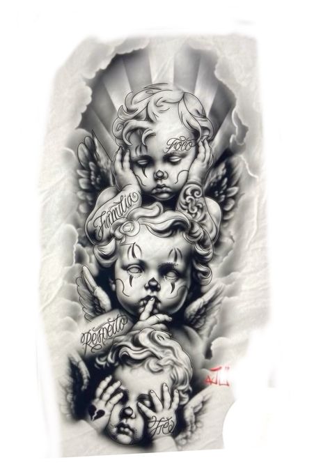 Hear No Evil See No Evil Tattoo Ideas Angels, 3 Angels Tattoo Designs, Chicano Angel Tattoo, Angels Tattoo, Arm Tattoos For Guys Forearm, Arm Tattoos Drawing, Forearm Tattoo Quotes, Cool Tattoo Drawings, Realistic Tattoo Sleeve