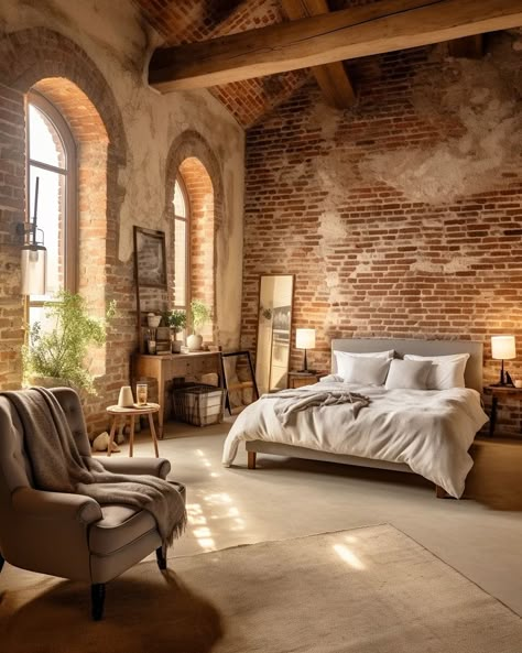 Light Brick Bedrooms ☀️🧱🛏 . . Conjured blending Midjourney AI, Photoshop and Topaz 🧙‍♂️🪄 . . .  #brick #brickhouse #bedroomdecor… | Instagram Brick Wall Bedroom, Brick Bedroom, Eclectic Loft, Brick Interior, Light Brick, Loft Interiors, Exposed Brick Walls, Brick Walls, Loft Design