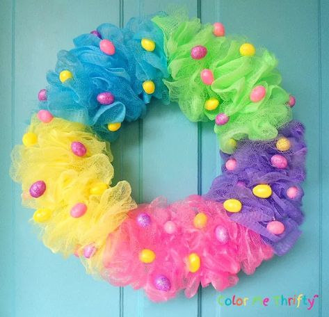 Quick & Easy DIY Easter Wreath | Hometalk Diy Easter Wreath, Moss Wreath Diy, Shower Puff, Easy Wreaths, Easter Wreath Diy, Wreath Project, Easter Egg Wreath, Easter Bunny Wreath, Easter Projects