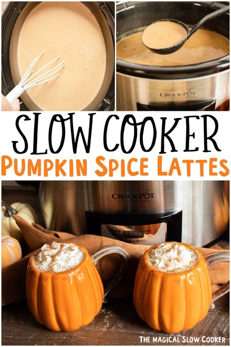 Make Pumpkin Spice Lattes for a crowd! These slow cooker pumpkin spice lattes are perfected sweetened and spiced. Great for any fall or winter party. #pumpkinspice #psl #crockpot #fall Slow Cooker Pumpkin Pie, Pumpkin Crockpot, Pumpkin Spice Latte Recipe, Homemade Pumpkin Spice Latte, Pumpkin Spiced Latte Recipe, Winter Drink, Slow Cooker Pumpkin, Homemade Pumpkin Spice, Pumpkin Spice Lattes