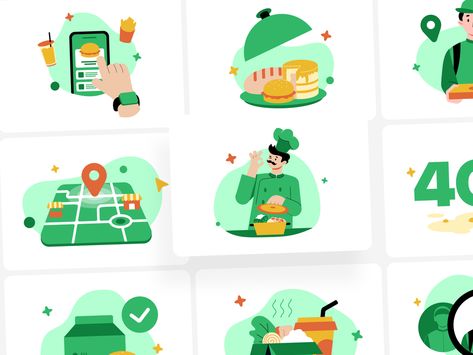 Delivery Illustration, Vector Library, Food Illustration Design, Kitchen Icon, Meal Planning App, Portfolio Pdf, Food Costumes, Creative Design Studio, Food Delivery App