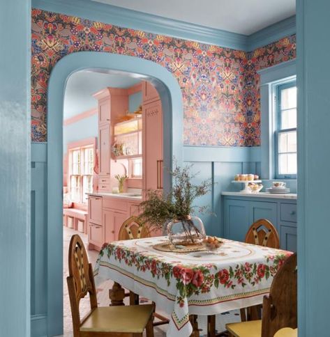 Color + Pattern | 2024 | HGTV Colorful French Kitchen, Dining Room Maximalist, Retro Pink Kitchens, Blue Dining Room, Dining Room Wall Color, Pink Dining Rooms, Ikea Dollhouse, Colorful Trim, Eclectic Homes