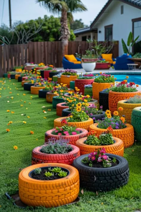 33 Creative DIY Yard Art Ideas You’ll Love To Craft 10 Backyard Project Ideas, Repurposed Landscaping Ideas, Ideas For Gardens Diy Projects, Tyre Ideas Garden, School Yard Ideas, Boho Garden Ideas Diy, Diy Yard Ideas On A Budget, Yard Makeover On A Budget, Garden Crafts Diy Yard Art