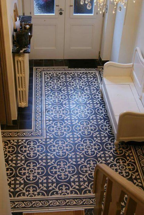 This floor!!! Moroccan (?) Tiles Blue & white Portuguese Tiles, Cement Tile, Entry Way, Floor Tiles, Tile Patterns, Tile Design, 인테리어 디자인, On The Floor, House Inspiration