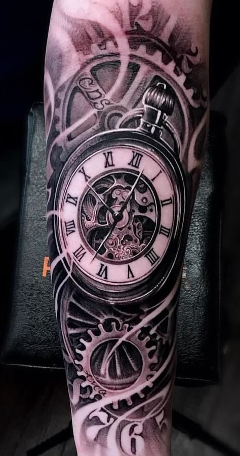 Time Piece Tattoo, Clock Tattoo Sleeve, Pocket Watch Tattoo Design, Watch Tattoo Design, Gear Tattoo, Mangas Tattoo, Pocket Watch Tattoos, Octopus Tattoos, Clock Tattoo Design