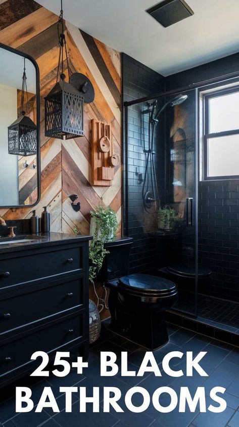 25+ Black Bathroom Ideas Bathroom Ideas Black Floor Tiles, Black Tile Bathroom Wall Master Bath, Black Tile And Wood Bathroom, Black Bathroom No Window, Powder Room With Black Walls, Black And Burgundy Bathroom, Dark Bathroom Ceiling Ideas, Modern Goth Bathroom, Black Color Drenched Bathroom