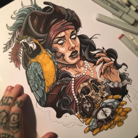 Pirate Tattoo Neotraditional, Neo Trad Back Tattoo, Neotraditional Back Piece, Neo Traditional Pirate Tattoo, Neo Tattoo Traditional, Neo Traditional Back Piece, Pirate Woman Art, Traditional Pirate Tattoo, Pirate Tattoo Design