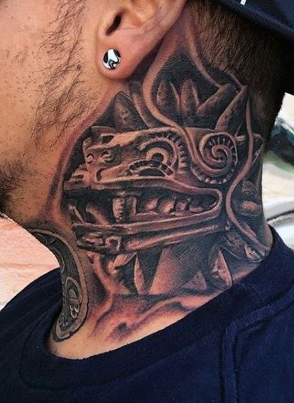 Aztec Neck Tattoo For Men Aztec Neck Tattoo, Aztec Warrior Tattoo, Aztec Tattoos Sleeve, Neck Tattoo Ideas, Azteca Tattoo, Mayan Tattoos, Aztec Tattoos, Mexican Tattoo, Mexican Art Tattoos