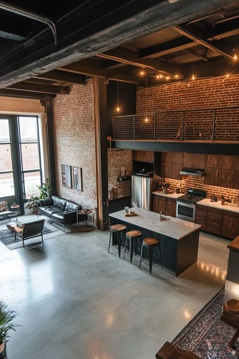 "Embrace the raw beauty of exposed materials and open spaces in a Modern Industrial Loft! 🏙️🛠️ This design offers a perfect blend of industrial charm and modern comfort. 🌿✨ #IndustrialDecor #LoftInspiration #ModernHome" Industrial Loft Apartment Warehouse Living, Industrial Loft House, College Canteen, Loft Apartment Interior, Industrial Loft Apartment, Converted Warehouse Apartment, Trading Office, Loft Apartment Industrial, Modern Industrial Loft