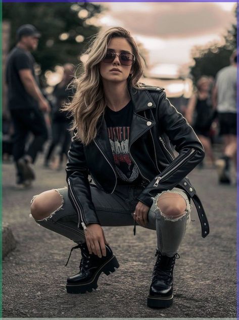 Fashion Rocker Chic, Maddy Aesthetics, Biker Girl Aesthetic Outfits, 80s Rock Aesthetic Outfits, Rock Photoshoot Ideas, Biker Aesthetic Outfits, Concert Outfit Baddie, Rock Aesthetic Outfits, Coffee Pose