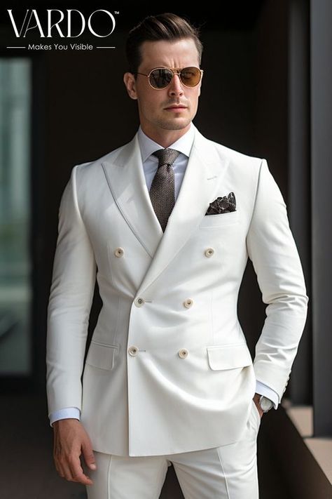 Good qualities satisfied Black And White Double Breasted Suit, White And Black Suits For Men, White Suit Men Wedding Classy, Double Breasted White Suit, Men White Suit Wedding, Double Breasted Tuxedo Men Wedding, White Double Breasted Suit Men, Suites Mens, Off White Suit Men