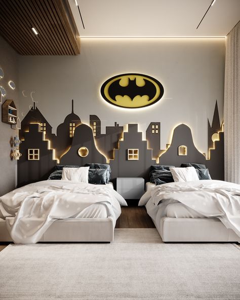 Batman Bedroom Ideas Boys, Batman Themed Bedroom, Batman Bedroom, Spiderman Room, Batman Room, Sibling Room, Kids Rooms Inspo, Kids Shared Bedroom, Superhero Bedroom