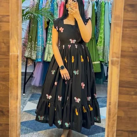 🕉️Hd🕉️ Kora cotton butterfly gowns Xs-xxl 2099 Colours available Ship extra Casual Frocks For Women, Butterfly Frock, Cotton Frocks For Women, Embroidery Frocks, Chudi Designs, New Model Dress, Frocks For Women, Frock Models, Pink Blouse Designs