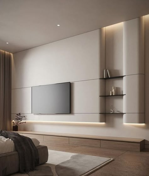 Sleek Tv Unit Design For Bedroom, Minimalist Tv Unit Design, Furniture Moodboard, Tv Feature Wall, Bedroom Tv Wall, Tv Unit Design Modern, Integrated Lighting, Living Tv, Modern Tv Units