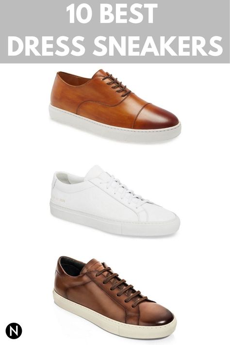 Dress sneakers are shoes that don’t have raised heels and are made with a rubber sole. They’re typically made of leather or suede. Find out which ones are the best. #dress #sneakers #minimal #style #fashion #menswear #streetstyle Dress Tennis Shoes Men, Date Night Shoes Men, Men’s Dress Sneakers Outfit, Casual Shoes For Men Over 50, Mens Dress Outfit With Sneakers, Must Have Mens Shoes, Mens Dress Sneakers Outfit, Mens Brown Shoes Outfit, Dress Sneakers Outfit Men